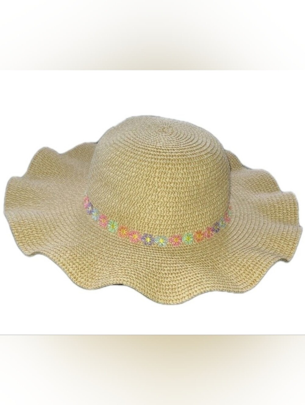 Target Beige Straw Beach Hat w/ Pastel Flowers Women's One Size NWOT
